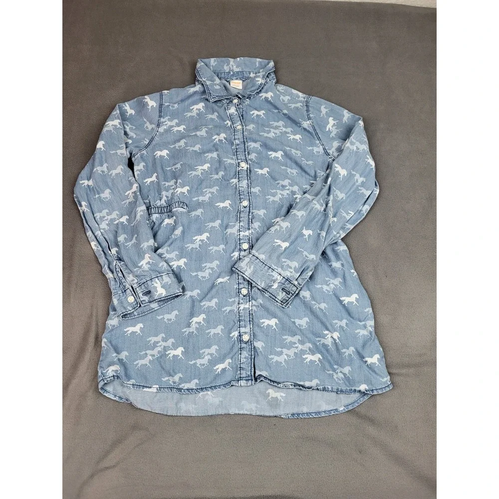 Gymboree Long Horse‎ Shirt Girls XL Blue AOP Horses Lightweight Outdoor Flowy
